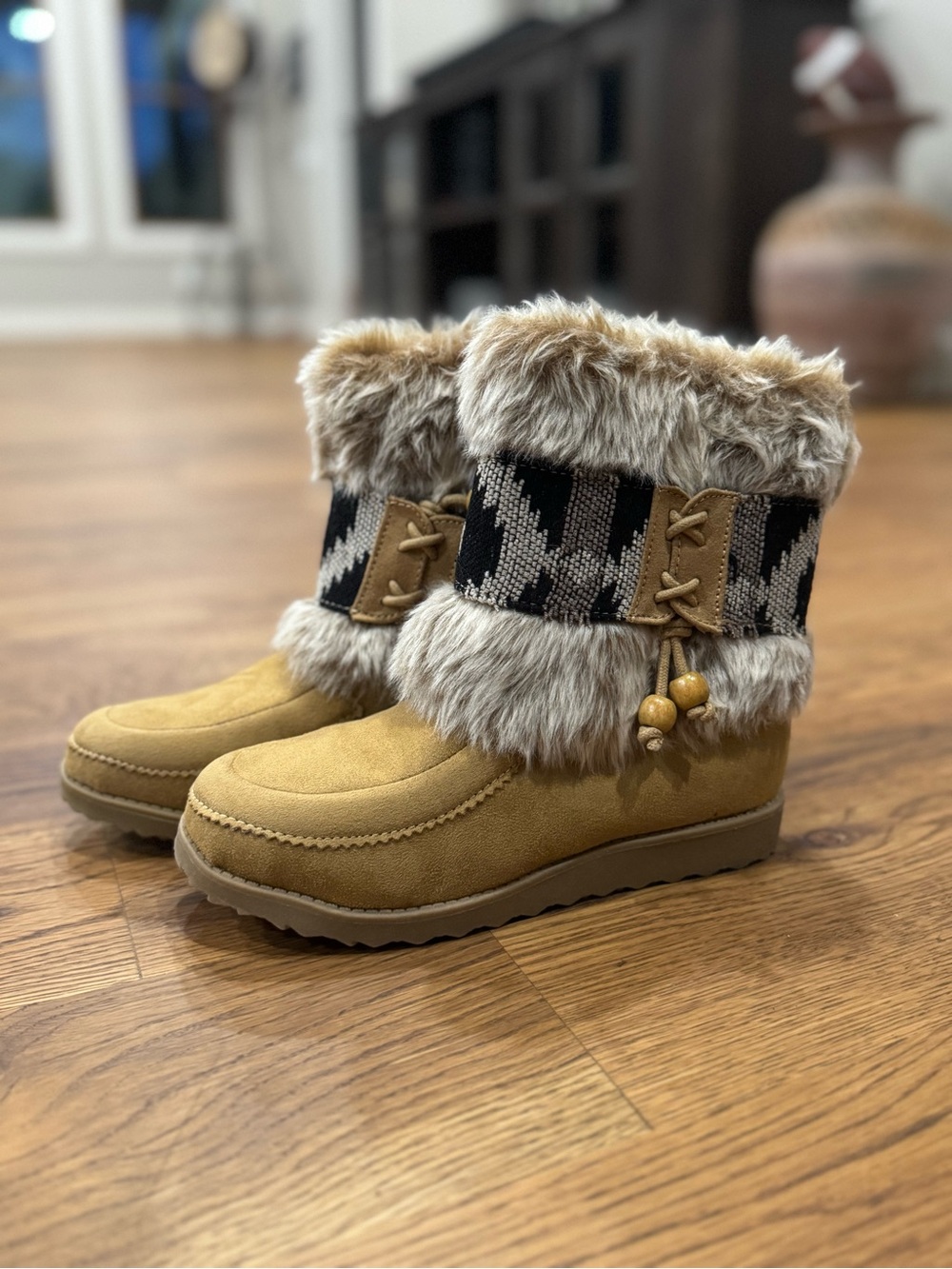 Jellypop Women's Tan Faux-Fur Ankle Boots with Knit Cuff